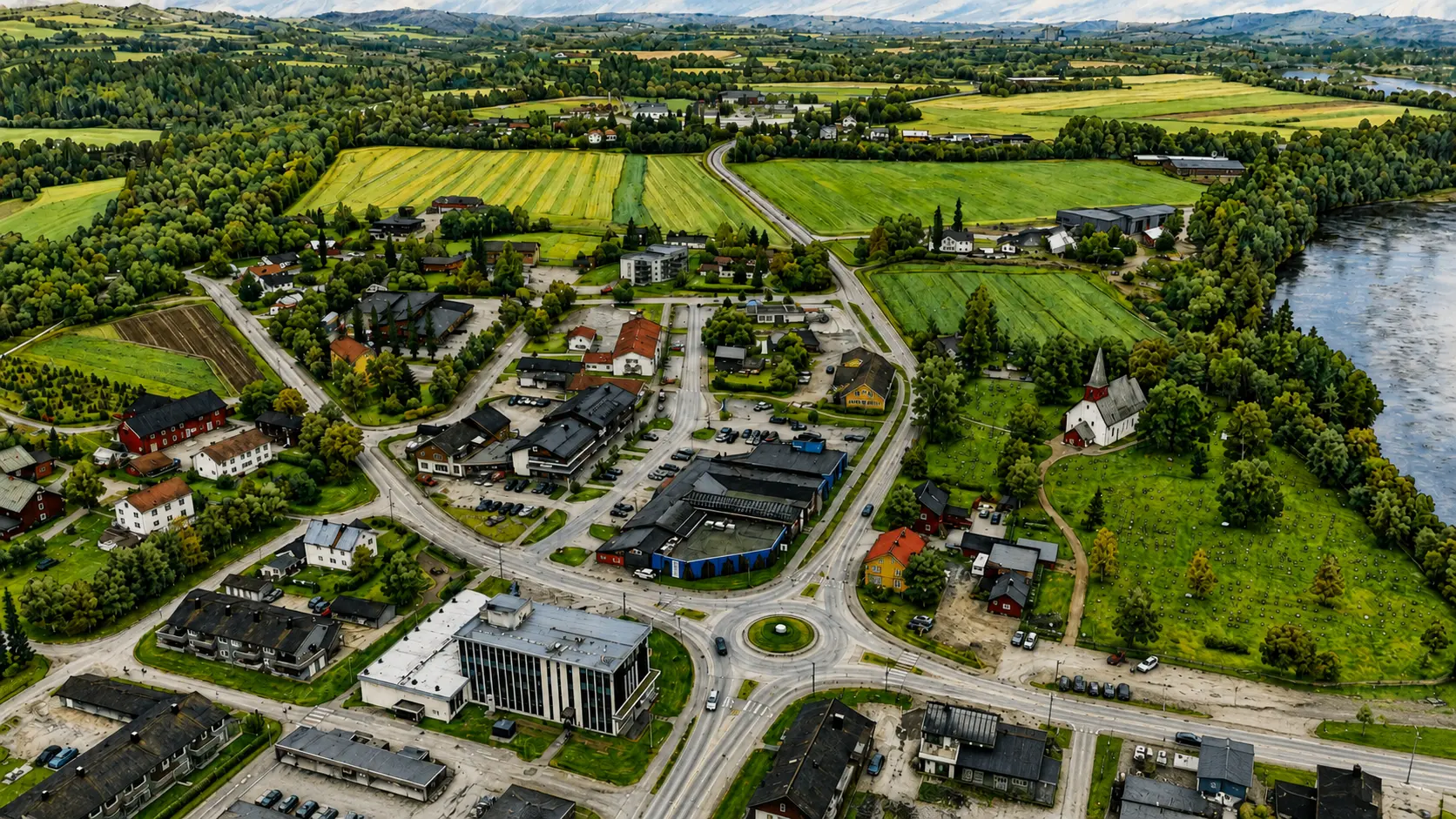 Illustrasjon av Overhalla sentrum med Namsen, kirka og kulturlandskapet